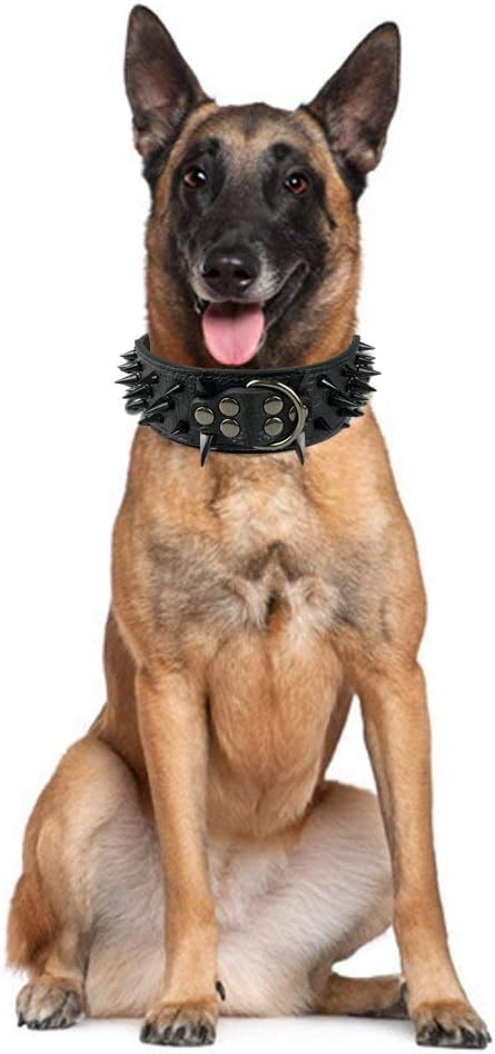 Serijoars Spiked Studded Dog Collar, PU Leather Dog Collar, Adjustable Pet Collars for Medium or Large Breed Pet (L, Gold Brown3)