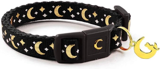 waaag Cat Collars, Gold Moons and Stars Cat Collar, Safety Breakaway Cat Collar, Glow in The Dark (Kitten 6.5"-10" Neck, Black)