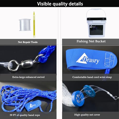 Drasry Saltwater Fishing Cast Net for Bait 3/8 1/4 or 1/2 with Heavy Sinkers Fish Trap Throw Net. Size 3ft/4ft/5ft/6ft/7ft/8ft/9ft/10ft Radius Freshwater Nets - size: 5FT (150cm) Radius, style: 1/4 Mesh Lead Sinkers-mono