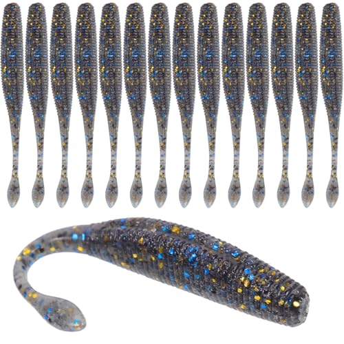 KALLORY 15pcs Soft Plastic Fishing Lures Sinking Tail Worms High-Density -Free Baits 7.5cm Black for Bass Lure Fishing Tools Freshwater