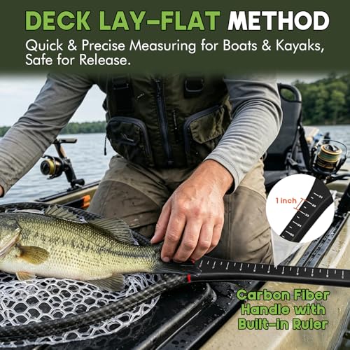 Riverruns Fly Fishing Landing Net Carbon Fiber Trout Net with Measurement Handle, Soft Rubber Mesh - 26" Standard (Wading) / 37" Long (Kayak) - color: 37" Kayak Net (Long) - Black 3K Woven