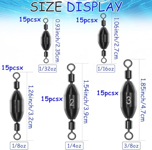15Pcs Fishing Weights Swivel Bullet Sinkers Brass Fishing Weights | Saltwater Freshwater Bass Sinker Fishing Weights with Swivel Rolling - size: 3/32oz