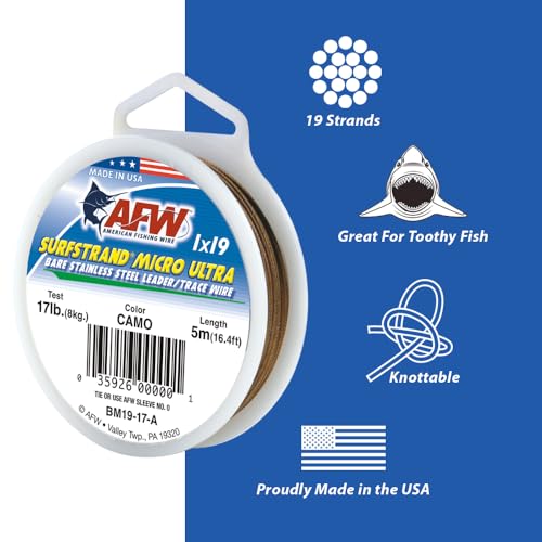 American Fishing Wire Surfstrand Micro Ultra Bare 1x19 Stainless Steel Leader Wire - Fishing Leader Line for Saltwater, 6.6lb Test - 61lb Test, Camo Color, 5m Length - style: 61 Lb / 5 M