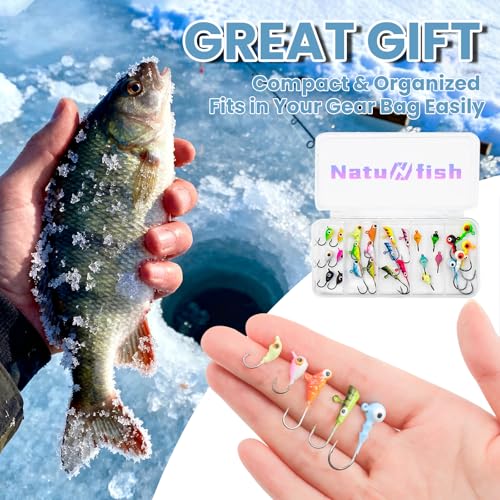 Natufish Glow Ice Fishing Jigs | Winter Ice Fishing Lures Set | Micro Jig Head for Pike, Panfish, Crappie, Perch, Walleye, Trout, Bluegill - with Storage Box - color: 28pcs