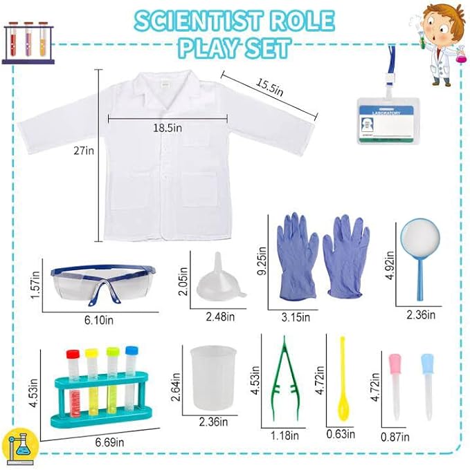 Scientist Costume for Kids, Lab Coat with Science Experiment Kit, Dress Up & Pretend Play for Boys Girls Ages 4 to 8 Years Old
