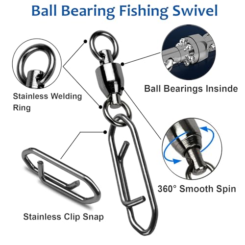 AMYSPORTS High Strength Snap Swivels Stainless Bearing Rolling Fishing Swivel Freshwater Snap Swivels Fishing Clip Steel Black Nickel - size: Size 2+M (67lb) 50 pcs