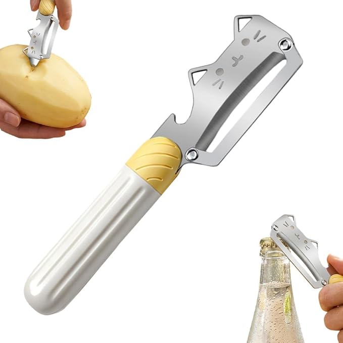 Multifunctional Vegetable Peeler, 2 in 1 Stainless Steel Peeler, Ultra-Sharp Stainless Steel Blade with Wooden Handle and Bottle Opener for Vegetables or Fruits, Kitchen Tool (Cute)