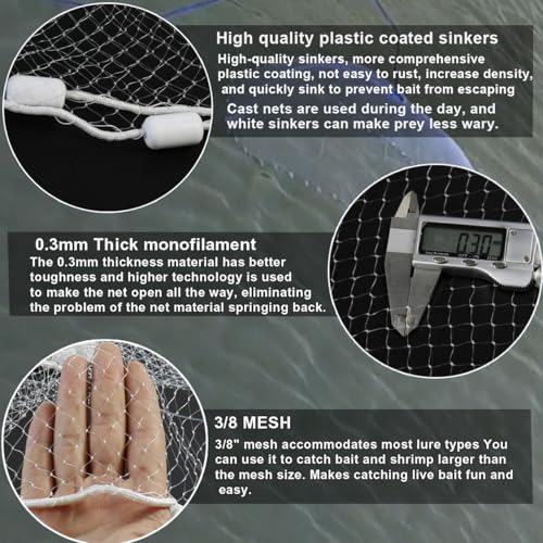 Drasry Saltwater Fishing Cast Net 3/8 and 1/4 Mesh with Heavy Duty Gray Sinker American Monofilament Fish Throw Net for Bait Trap 3FT 4FT 5FT 6FT 7FT 8FT 9FT Radius - size: 6FT Radius, style: 3/8 Mesh 0.6 Lb/Ft