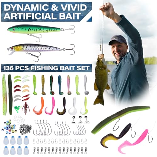 Fishing Tackle Bags with Tackle Box &Tool Set,Gifts for Men (Black) | Waterproof,Fish Bag with 136 Pcs Fishing Lures Kit,Fish Hook Remover Tool,Fish Lip Gripper,Fishing Plier - color: Black