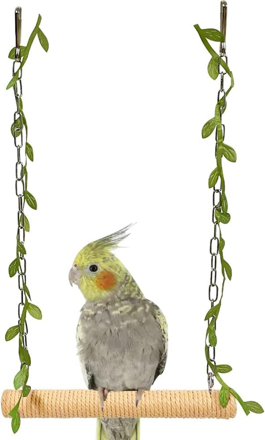 La La Pet® Hanging Wooden Pet Bird Swing with Cotton Rope Bird Cage Swing Bird Perch Swing Bird Cage Perch Bird Perch Stand Bird Swing Toy for Parrots Parakeets Cockatiels Lovebirds Brown