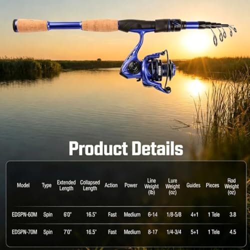 Telescopic Fishing Rod and Reel Combo | 30T Carbon Fiber Spinning Rod with 12+1BB Reel | Portable Lightweight Pole | Bass Trout Panfish | Freshwater Saltwater - color: Bule Rod and Reel