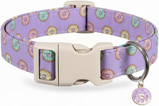 Girl Dog Collar with Unique Purple and Donut Print, Cute Dog Collar for Spring & Summer, Adjustable Pet Collar for Medium Dogs