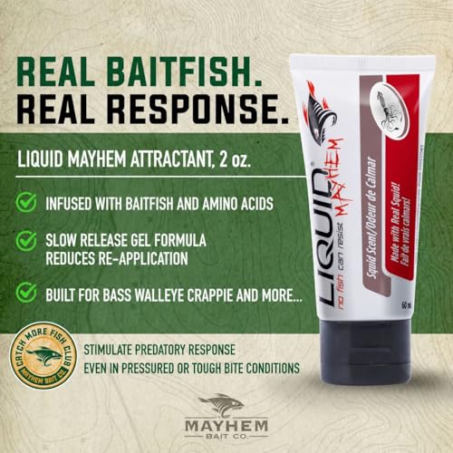 Liquid Mayhem Squid Fish Attractant Gel 60 ml / 2 oz · 60 Uses – Real Anchovy Bait & Aminos | UV-Enhanced Long-Lasting Gel – All Lure Types - size: 1-Pack