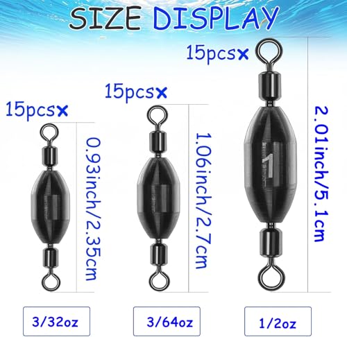 15Pcs Fishing Weights Swivel Bullet Sinkers Brass Fishing Weights | Saltwater Freshwater Bass Sinker Fishing Weights with Swivel Rolling - size: 3/32oz