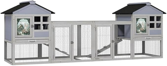 96.2" L Rabbit Hutch Indoor Outdoor Large Wooden Bunny Cage with Run, Removale Tray, Top-Opening Roof, 2 Doors, Painting Decor, 2 Packs