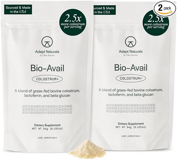 Adapt Naturals Colostrum Supplement with Lactoferrin & Beta-Glucan, Bio-Avail Grass Fed Bovine Colostrum Powder for Gut Health, Immune Support & Vitality | Non-GMO, 2500mg, Unflavored - 60 Days Supply
