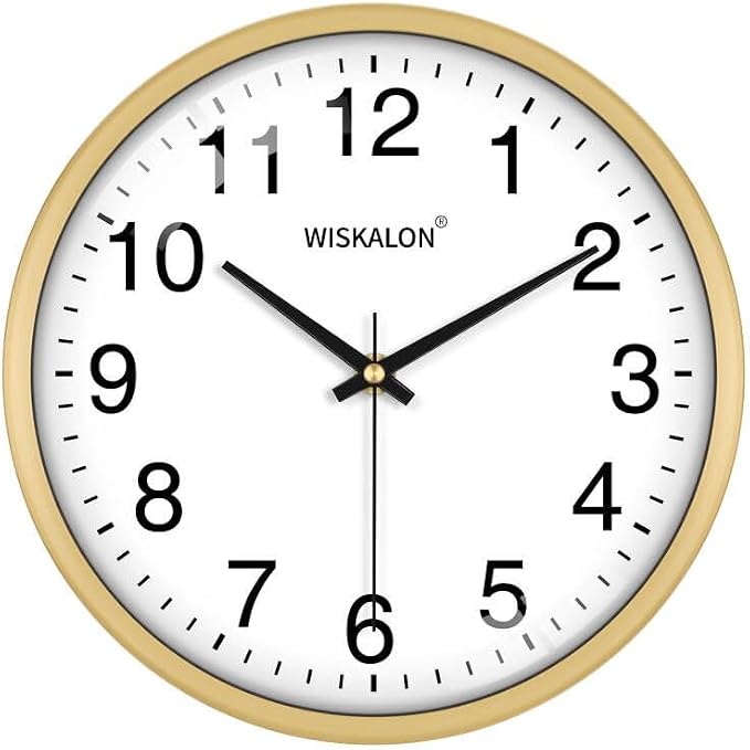 WISKALON 10 inch Wall Clock, Silent Non-Ticking Elegant Golden Frame Clock
