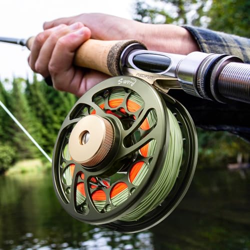 Piscifun Sword Fly Fishing Reel, CNC-Machined Aluminum Alloy Fly Reel - size: 7/8wt, style: Olive Green-with Line