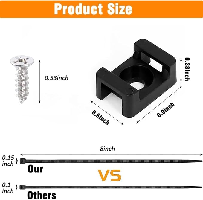 Cable Zip Tie Mounts Kit-50 Pcs Cable Zip Tie Saddle Type Mounts Base with 50 Pcs 8" Cable Ties and 50 Pcs Tapping Screw, Wire Cable Clips Organizer Holders Clamps