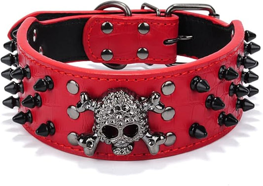 Serijoars Spiked Studded Dog Collar, PU Leather Dog Collar, Adjustable Pet Collars for Medium or Large Breed Pet (L, Red2)
