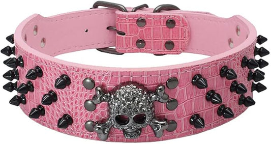 Serijoars Spiked Studded Dog Collar, PU Leather Dog Collar, Adjustable Pet Collars for Medium or Large Breed Pet (XL, Pink2)