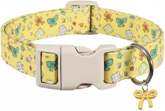 Dog Collars for Medium Dogs, Yellow Dog Collar with Cute Bow Print and Charm, Adjustable Medium Collar for Girl Female Dogs