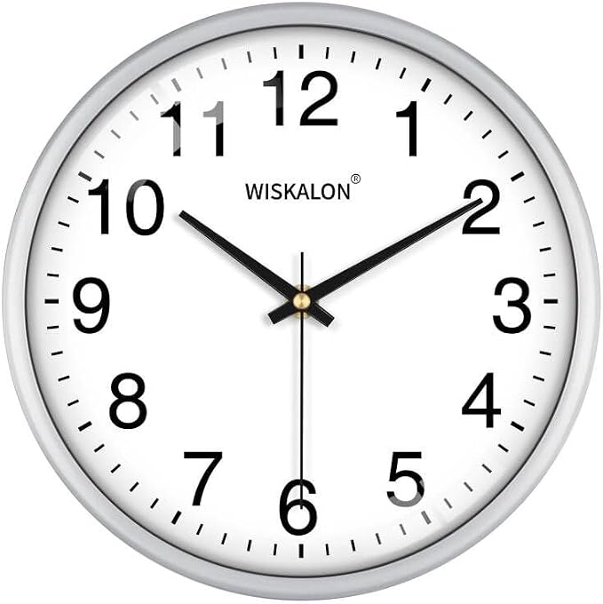 WISKALON 10 Inch Wall Clock, Silent Non-Ticking Round Silver Frame Clock