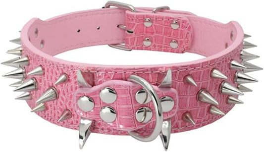 Serijoars Spiked Studded Dog Collar, PU Leather Dog Collar, Adjustable Pet Collars for Medium or Large Breed Pet (XL, Pink5)