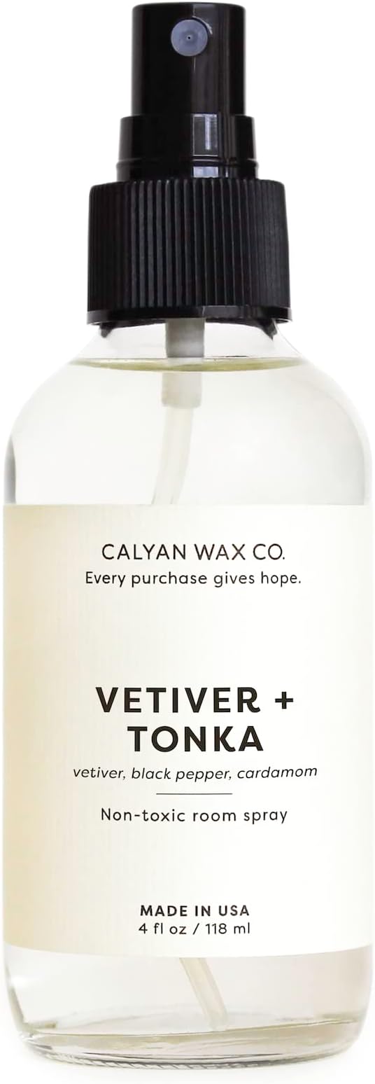 Calyan Wax Co. Vetiver & Tonka Room Spray - Non Toxic Air Freshener - Natural Room Deodorizer with Essential Oils - Air Freshener Spray for Home - 4 fl oz