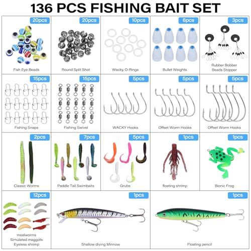 Fishing Tackle Bags with Tackle Box &Tool Set,Gifts for Men (Black) | Waterproof,Fish Bag with 136 Pcs Fishing Lures Kit,Fish Hook Remover Tool,Fish Lip Gripper,Fishing Plier - color: Black