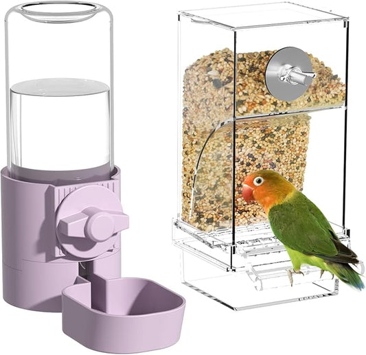 BAGHBPM No Mess Bird Feeder Water Dispenser Set,Automatic Parakeet Feeder Cage Accessories,Parrot Transparent Food Container Drinker for Cage,Canaries Budgies Lovebirds Cockatiels Finches (Purple)