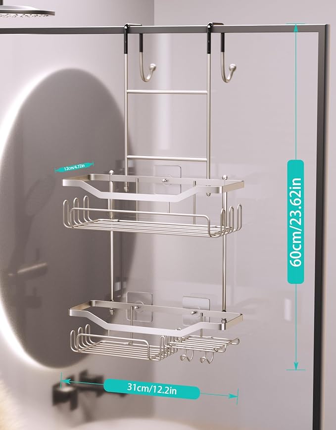 HapiRm Hanging Shower Caddy Over the Door with Soap Holder, No Drilling Adhesive Shower Organizer with 11 Hooks, Rustproof & Waterproof 304 Stainless Steel Bathroom Shelves - Brushed Nickel