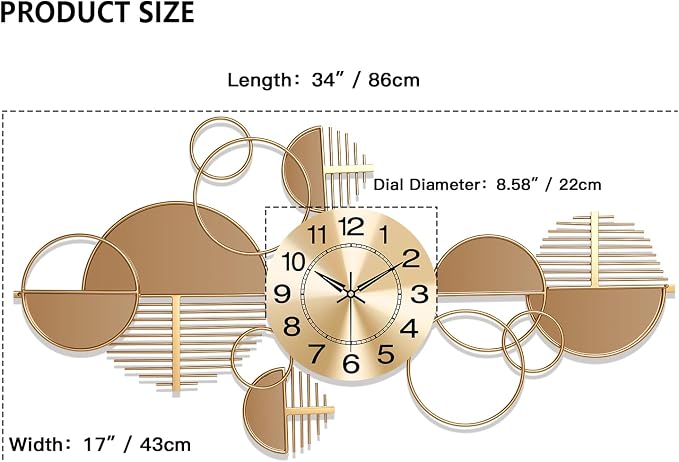 Large Wall Clock, Modern Silent Non-Ticking Metal Wall Art Wall Clocks Battery