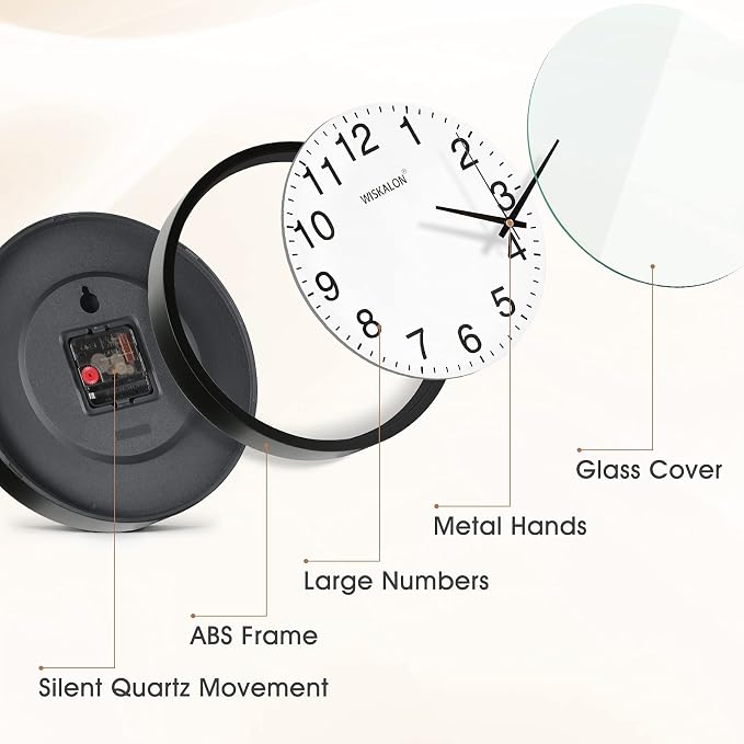 WISKALON 10 inch Silent Non-Ticking Elegant Black Frame Wall Clock, Classic