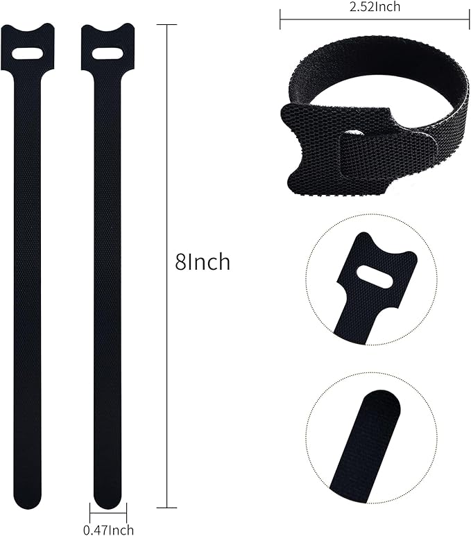 100 PCS 8 Inches Black Reusable Cable Ties, Adjustable Cord Straps, Cable Organizer, Cord Wrap and Hook Loop Cords Management