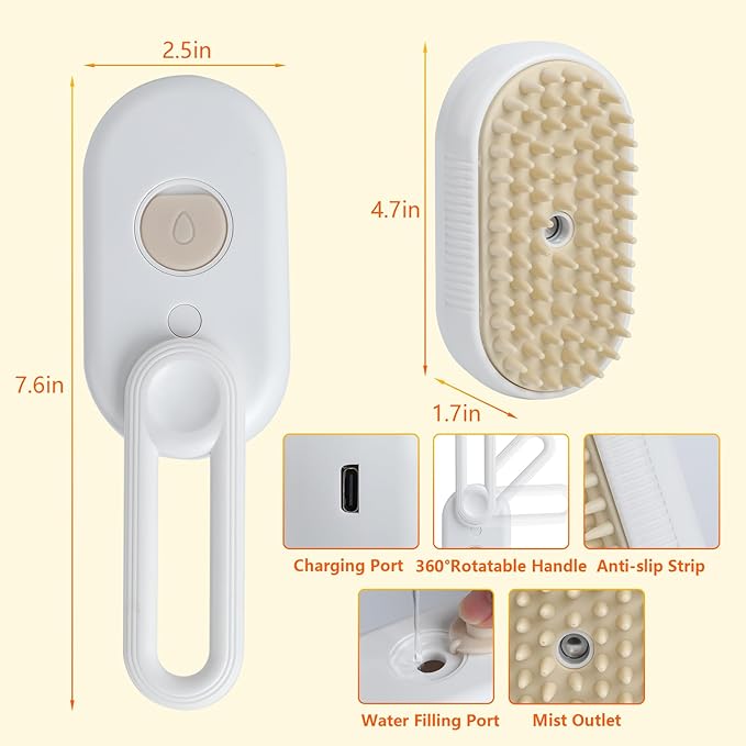 4-in-1 Cat Grooming Steam Brush, Pet Hair Shedding, Massage, Cleaning, Combing (brown)