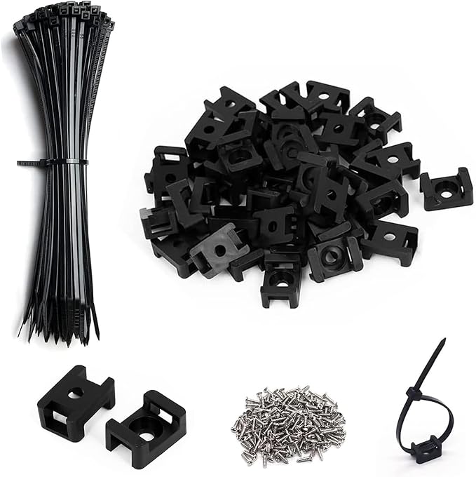 Cable Zip Tie Mounts Kit-50 Pcs Cable Zip Tie Saddle Type Mounts Base with 50 Pcs 8" Cable Ties and 50 Pcs Tapping Screw, Wire Cable Clips Organizer Holders Clamps