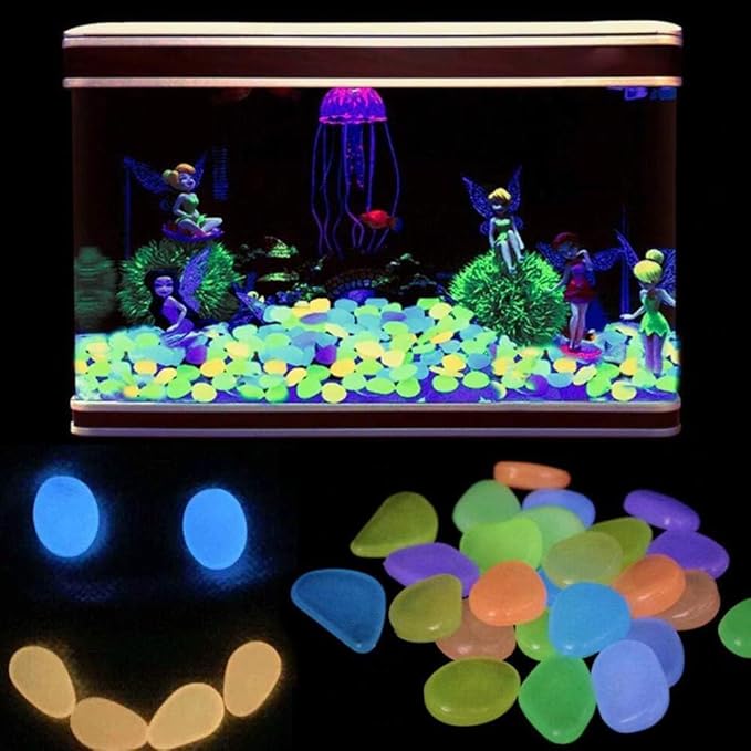 Oubest Glow in The Dark Pebbles/Glow Stones/Glowing Rocks Blue Decor for Garden/Fish Tank/Aquarium/Walkway/Driveway/Plant Pots/Bonsai (200, Multi-Colored)