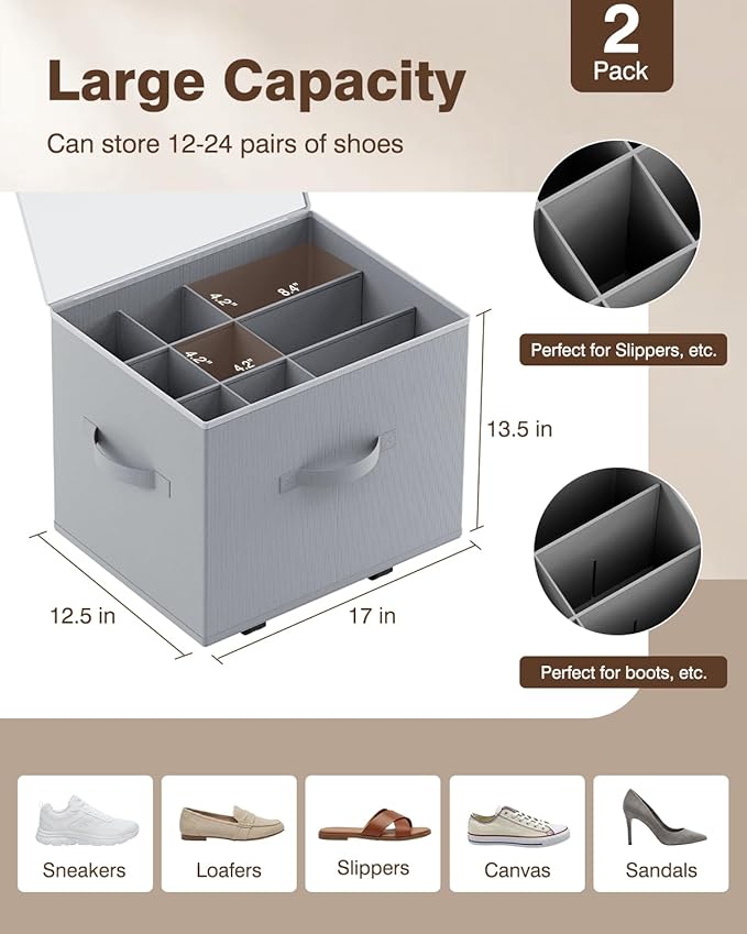 Rolling Shoe Organizer Boxes with Dividers, 2 Pack – Gray