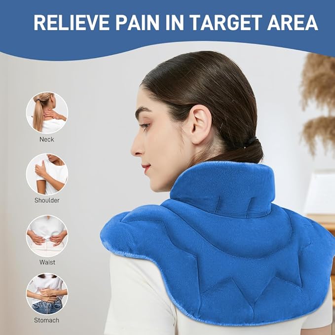 Microwavable Heating Pad for Neck and Shoulders, Weighted Microwave Moist Heated Wrap for Pain Relief Muscle Stress Tension, Heat Neck Wrap with Aromatherapy, Hot & Cold Compress, Blue