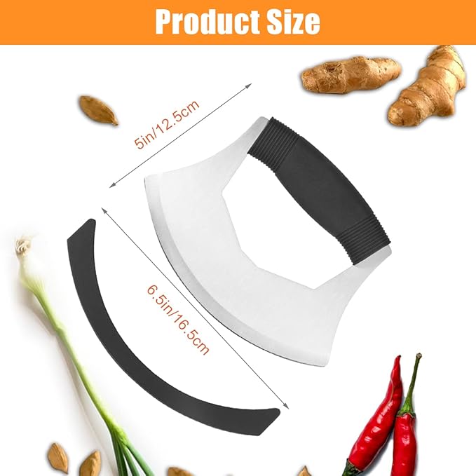 Luxiv Mezzaluna Knife Salad Chopper, Stainless Steel Mezzaluna with Protection Cover, Vegetable Mincing Knife for Pizza, Cheese, Onion, Carrot, Pepper, Garlic (Black)