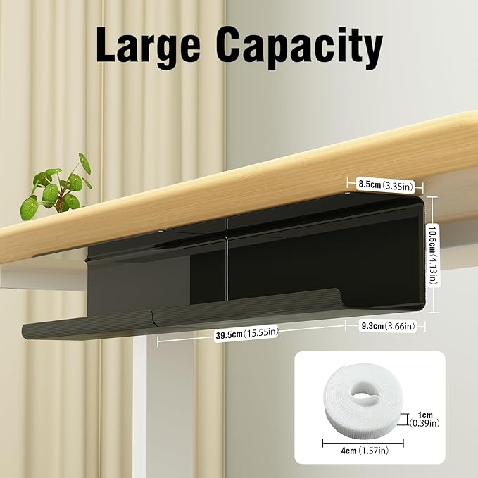 2 Pack No-Screw Cable Management Under Desk, Self-Adhesive Cord Organizer, Wire Management Tray for Office and Home (Black)
