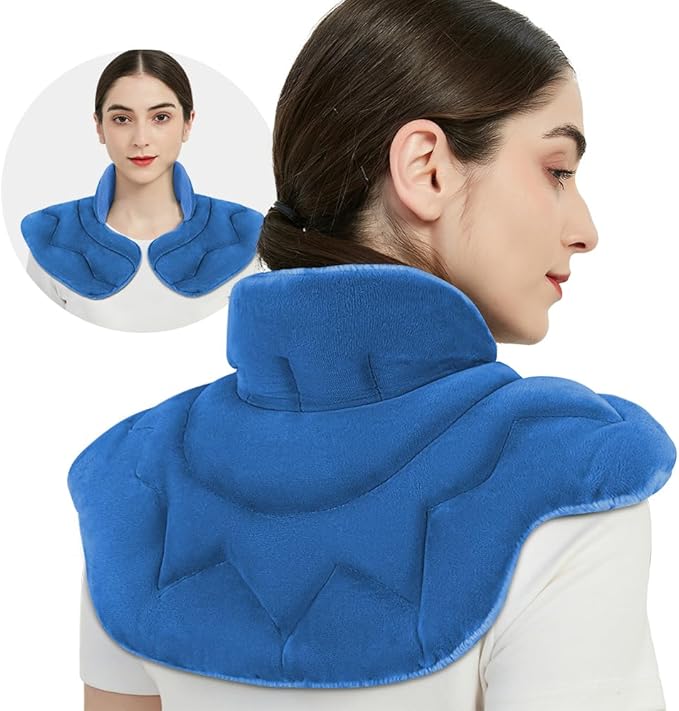 Microwavable Heating Pad for Neck and Shoulders, Weighted Microwave Moist Heated Wrap for Pain Relief Muscle Stress Tension, Heat Neck Wrap with Aromatherapy, Hot & Cold Compress, Blue