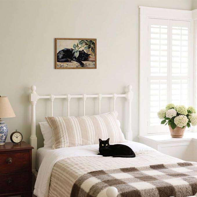 Framed Black Cat Canvas Wall Art, Vintage Sleeping Cat