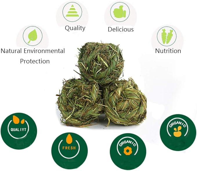 Hamiledyi Bunny Grass Toy 4 Pcs Natural Timothy Grass Small Animal Activity Play Chew Ball for Rabbits Hamster Guinea Pigs Gerbils