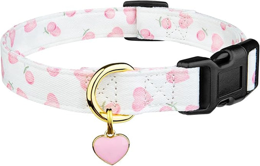Cotton Handmade Dog Collar Cute and Distinctive Patterns White and Pink Love Heart with Pendant for Girl Boy Dogs Collars L