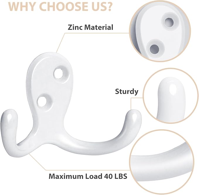 Homanu 54 Pack Coat Hooks, Heavy Duty Double Prong Coat Hooks Wall Mounted