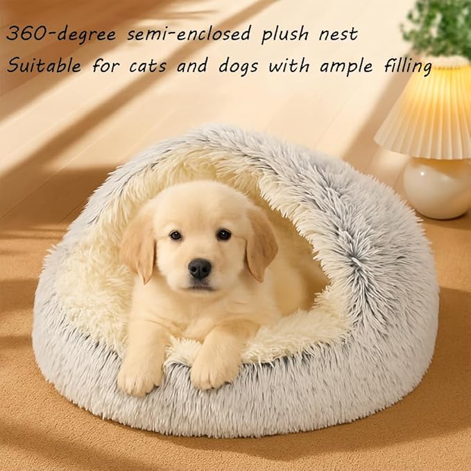 Plush Fluffy Dog and Cats Round Bed, Ultra-Soft Plush with Raised Rim, Non-Slip Bottom, Plush Cat Bed with A Cover, for Small Dogs and Cats (Gray, X-Large)