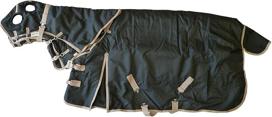 AJ Tack 1200D Waterproof Winter Horse Blanket with Hood - 400g Heavyweight Turnout with Fleece Collar, Shoulder Gussets & Tail Flap - Black 68"