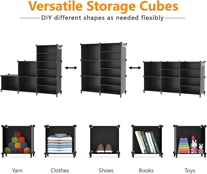 AWTATOS Closet Organizer 6 Cube Storage Shelves Portable Closet Clothes Organizers and Storage Stackable Cubby Shelving for Closet Bedroom Living Room Office Black